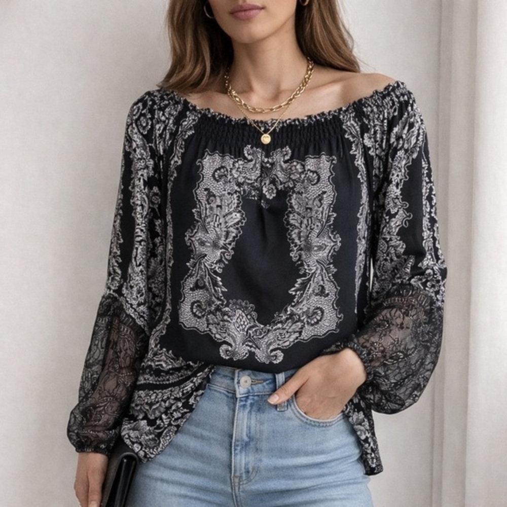 Kobi Halperin Silk Black White Off-the-Shoulder Blouse S